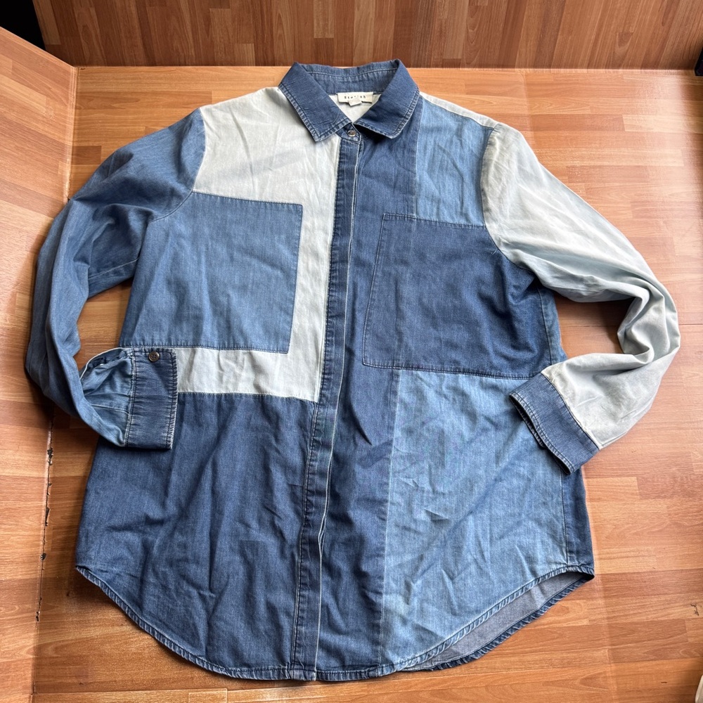 Stellah patchwork denim cotton button up blouse s… - image 3